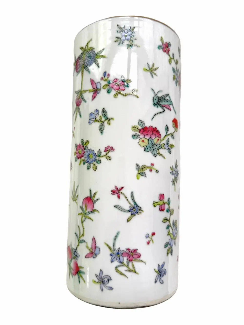 Chinese Famille Rose Hand Painted Porcelain Cylinder Vase 10.75” Gold Rim
